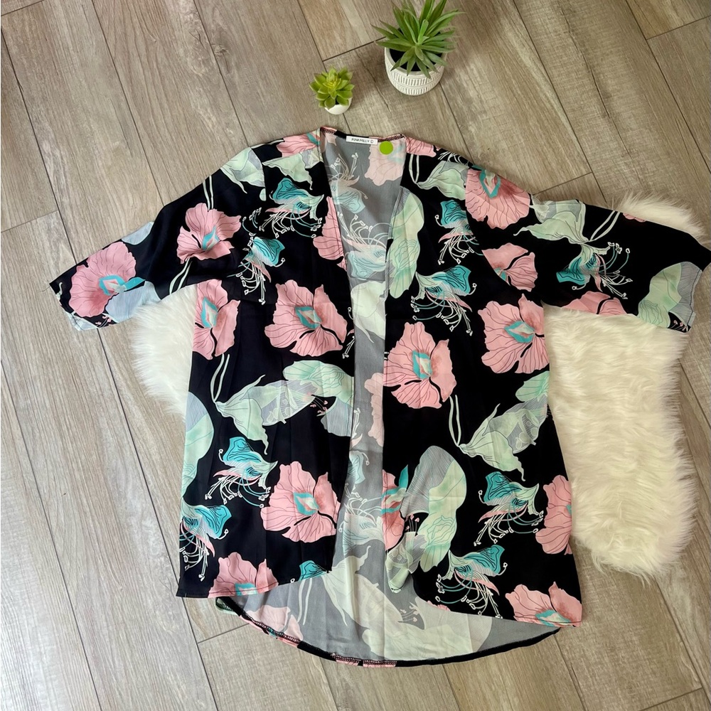 PINK MILLY | Floral Black and Pink Women's Open Kimono (L)